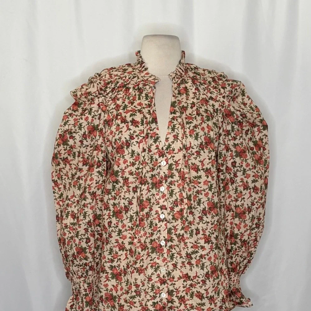FREE PEOPLE Meant To‎ Be Blouse Floral Vintage Combo Ruffled Smocked Small